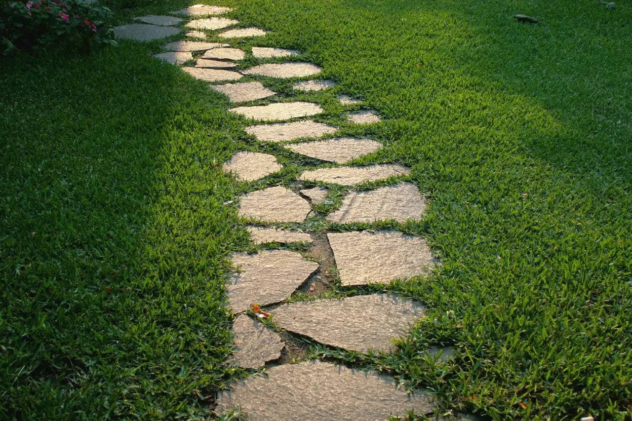 Trittplatten aus Naturstein führen durch eine Rasenfläche
