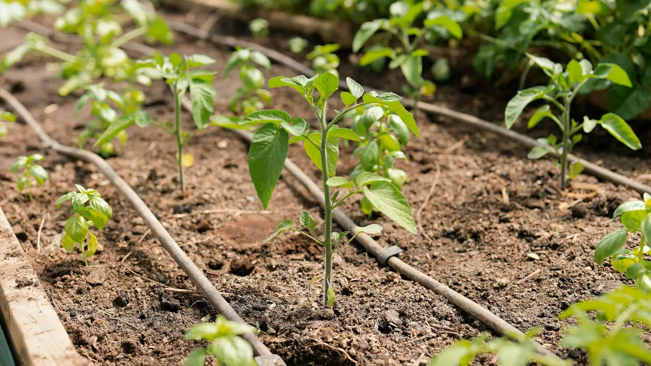 Tropfschlauch zwischen Gemüsepflanzen in einem gemulchten Beet
